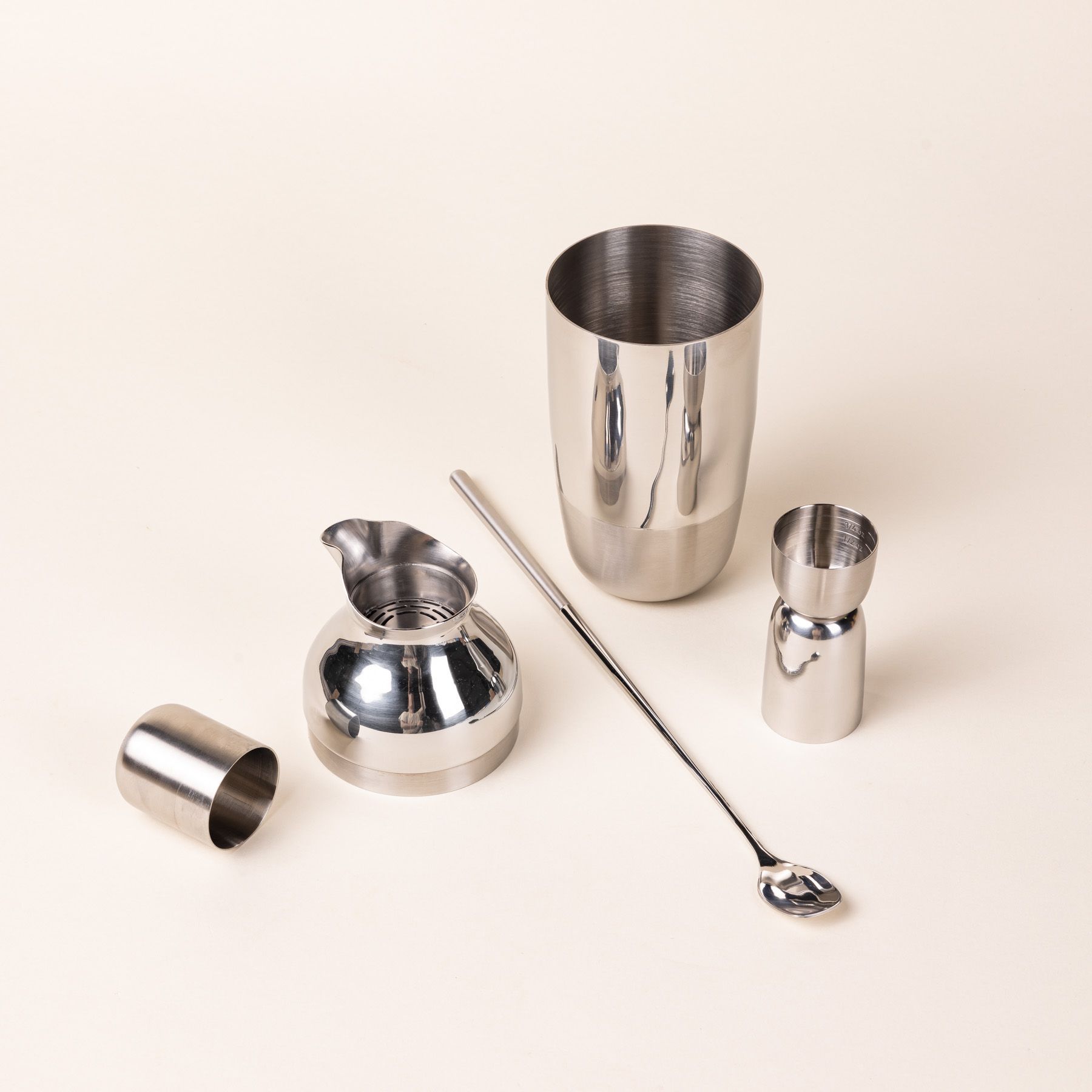 The Mescola Cocktail Set (including a stainless steel shaker, jigger, and cocktail spoon)