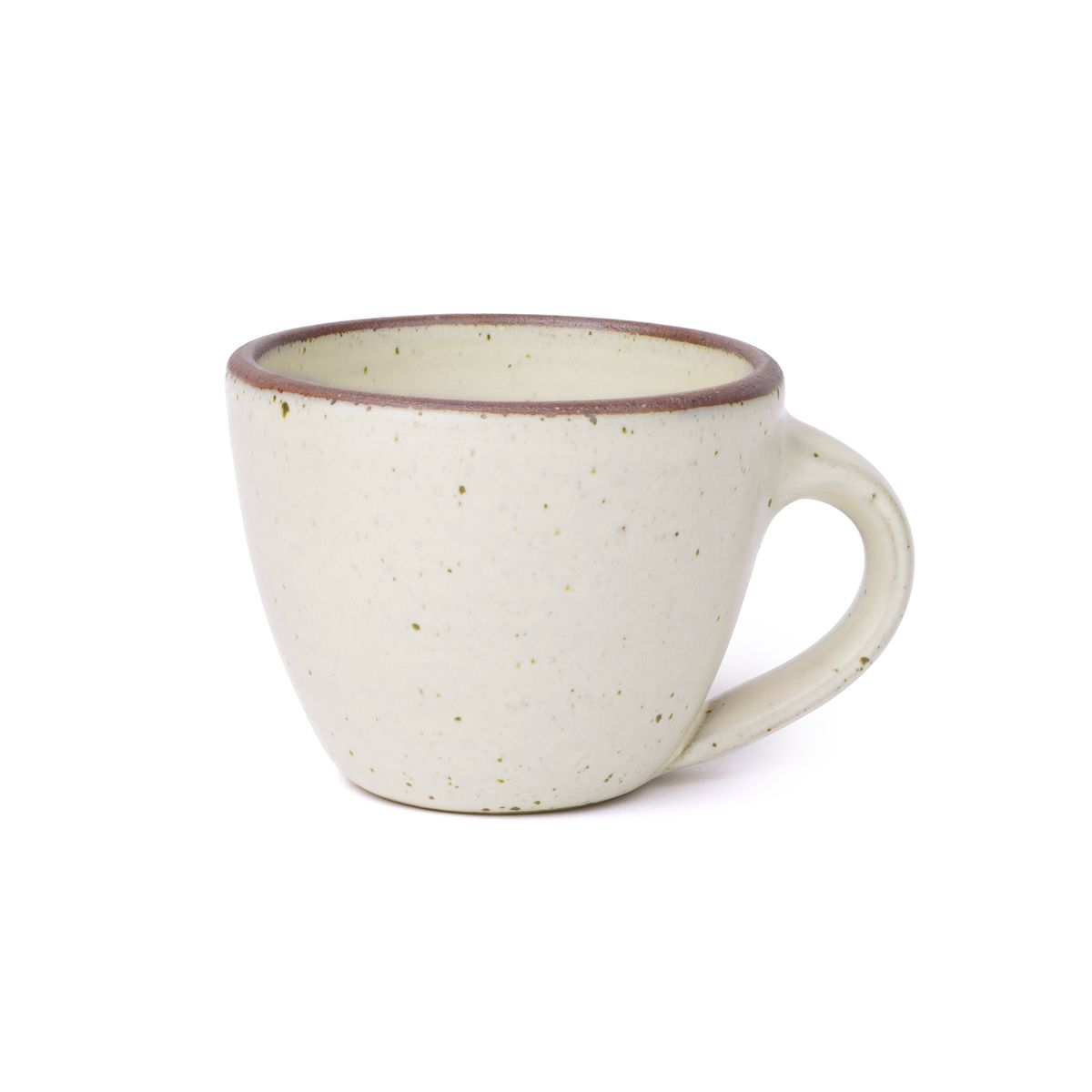 Round stoneware mug with handle, in a warm off-white color with iron speckles and an unglazed rim.