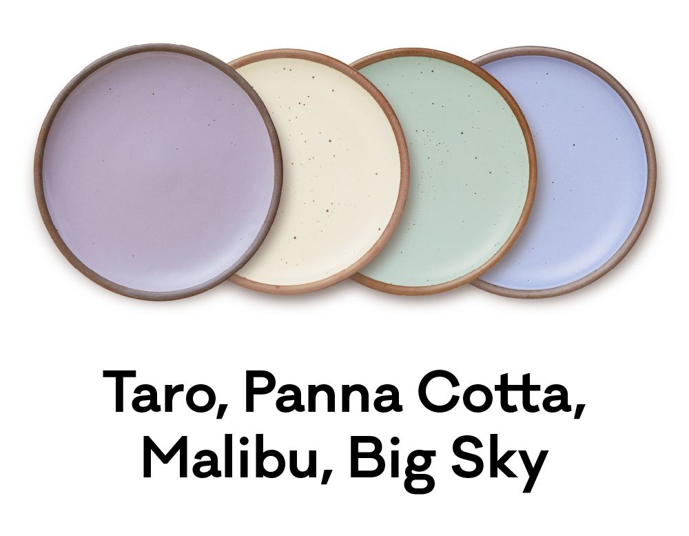 A peaceful palette of pastel, purple, off-white, seafoam green, and sky blue plates are positioned next to each other. Underneath, text reads "Taro, Panna Cotta, Malibu, Big Sky"