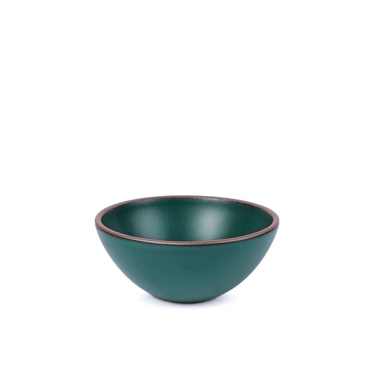 A medium rounded ceramic bowl in a deep dark teal color featuring iron speckles and an unglazed rim