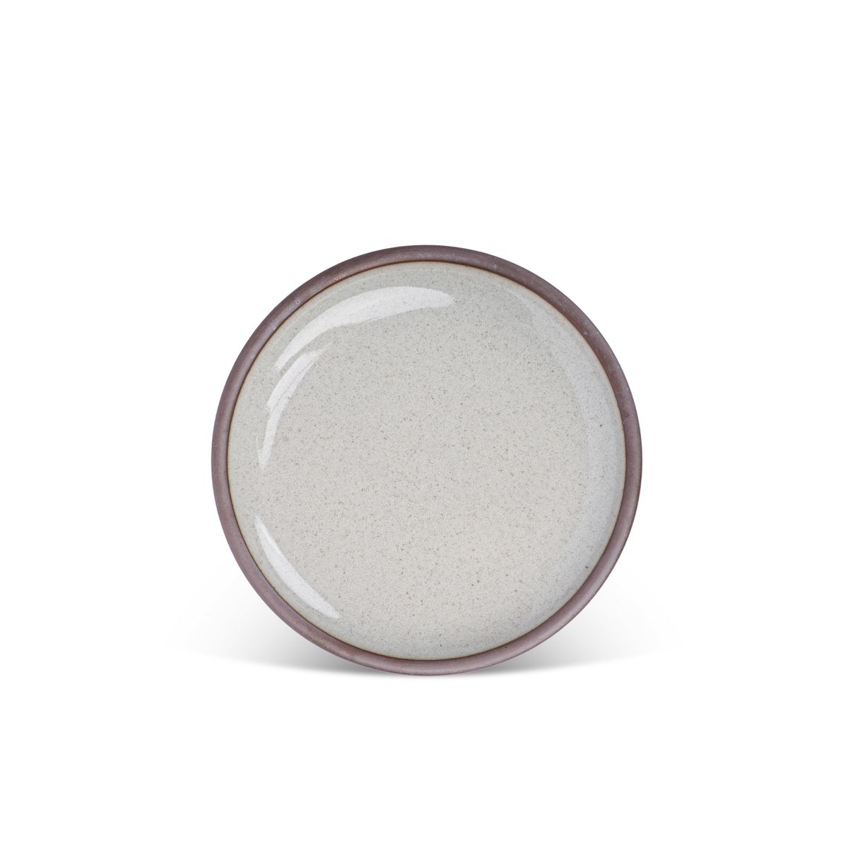 A medium sized ceramic plate in a reflective icy off-white color featuring iron speckles and an unglazed rim.