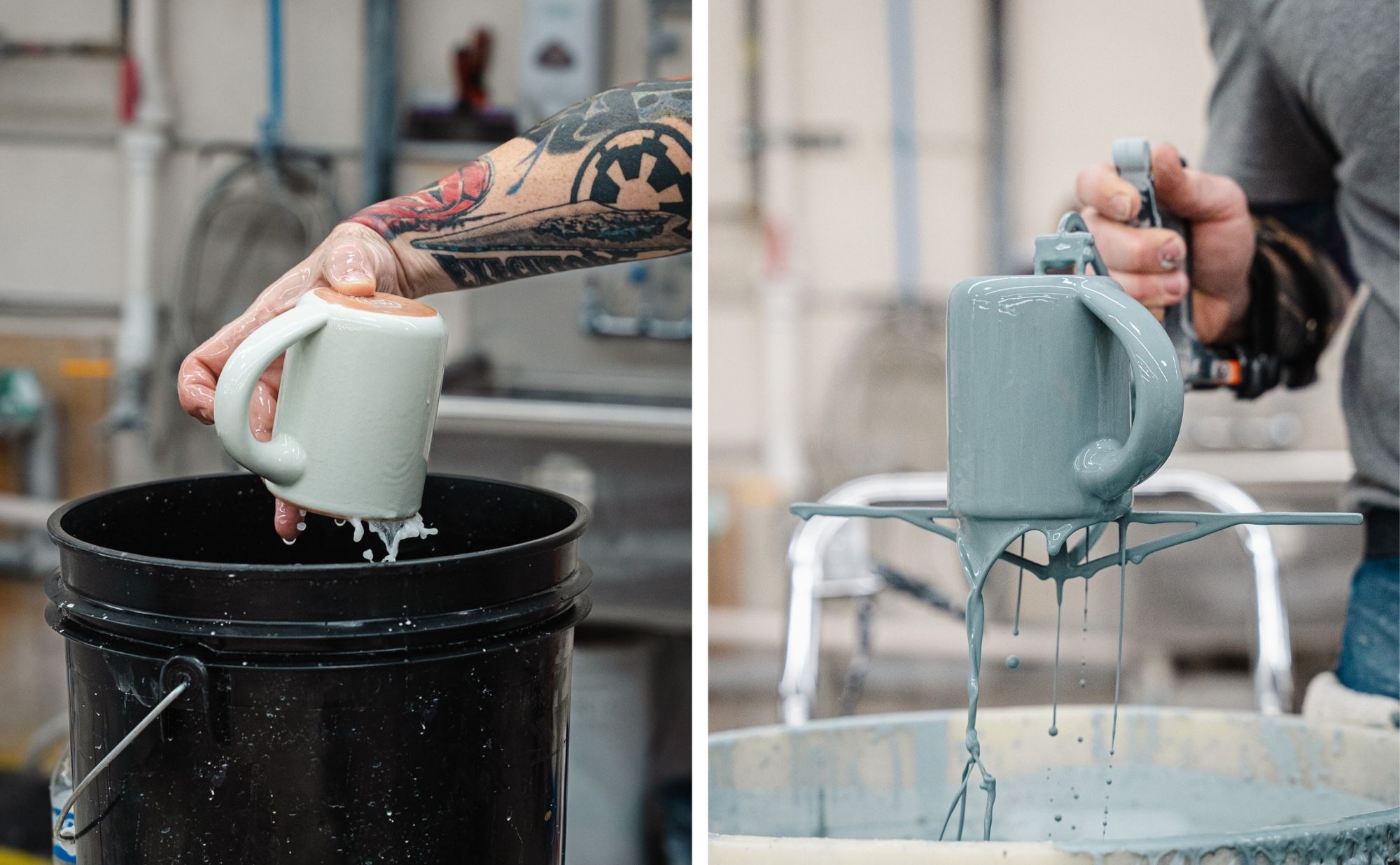 2 photos of a hand holding a mug getting fully dipped in a bucket of light blue glaze.