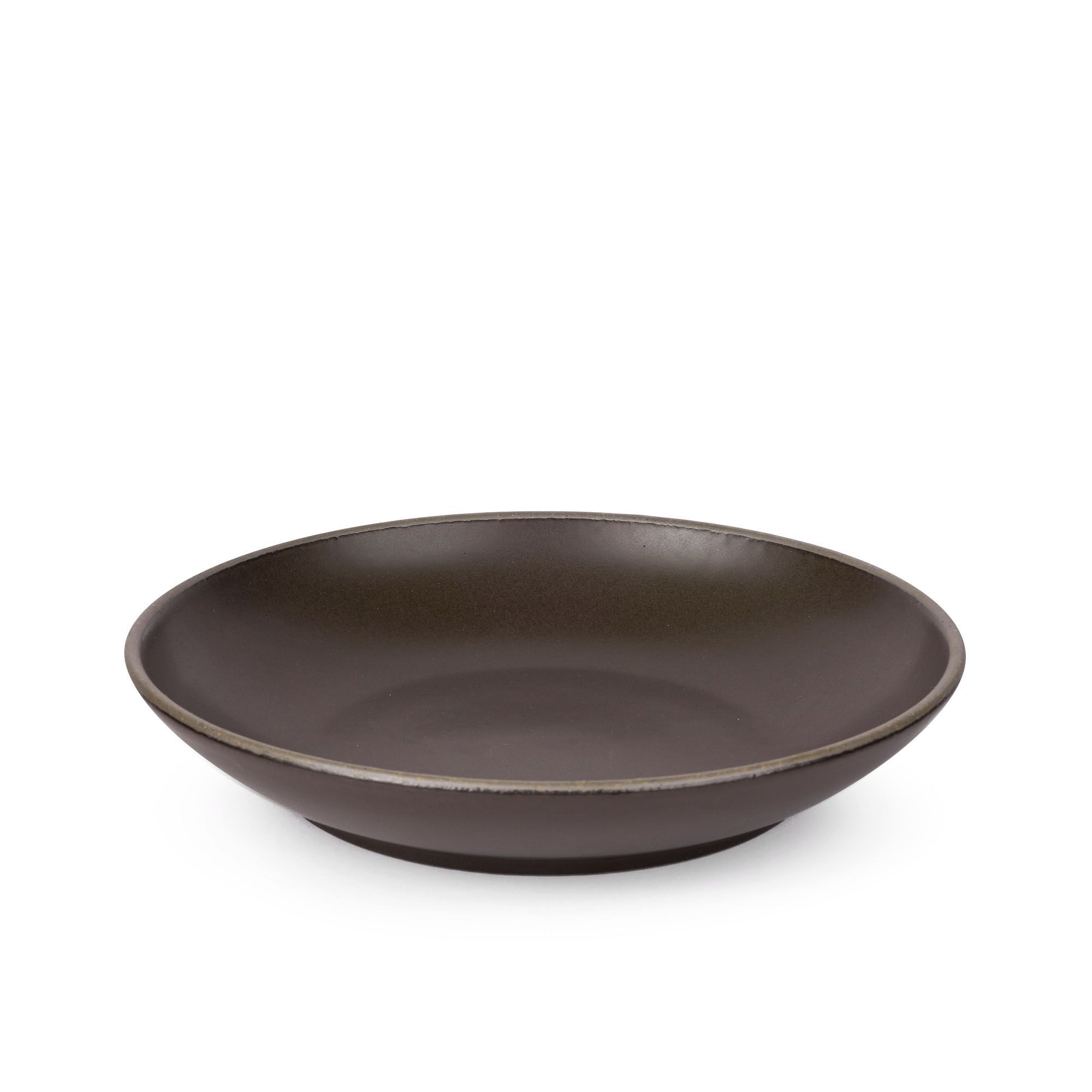 A large ceramic plate with a curved bowl edge in a dark cool brown color featuring iron speckles and an unglazed rim.