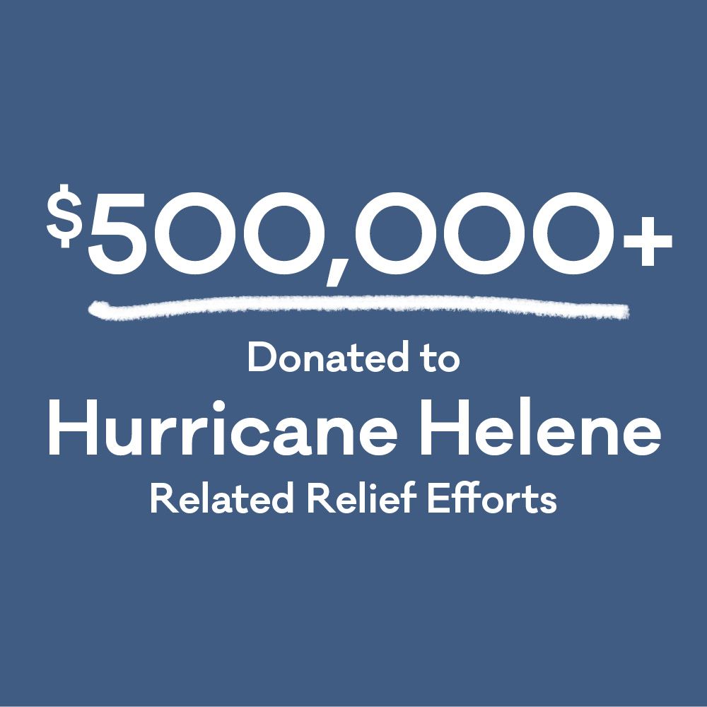 A simple graphic with text that reads "$500,000+ Donated to Hurricane Helene-related relief efforts"