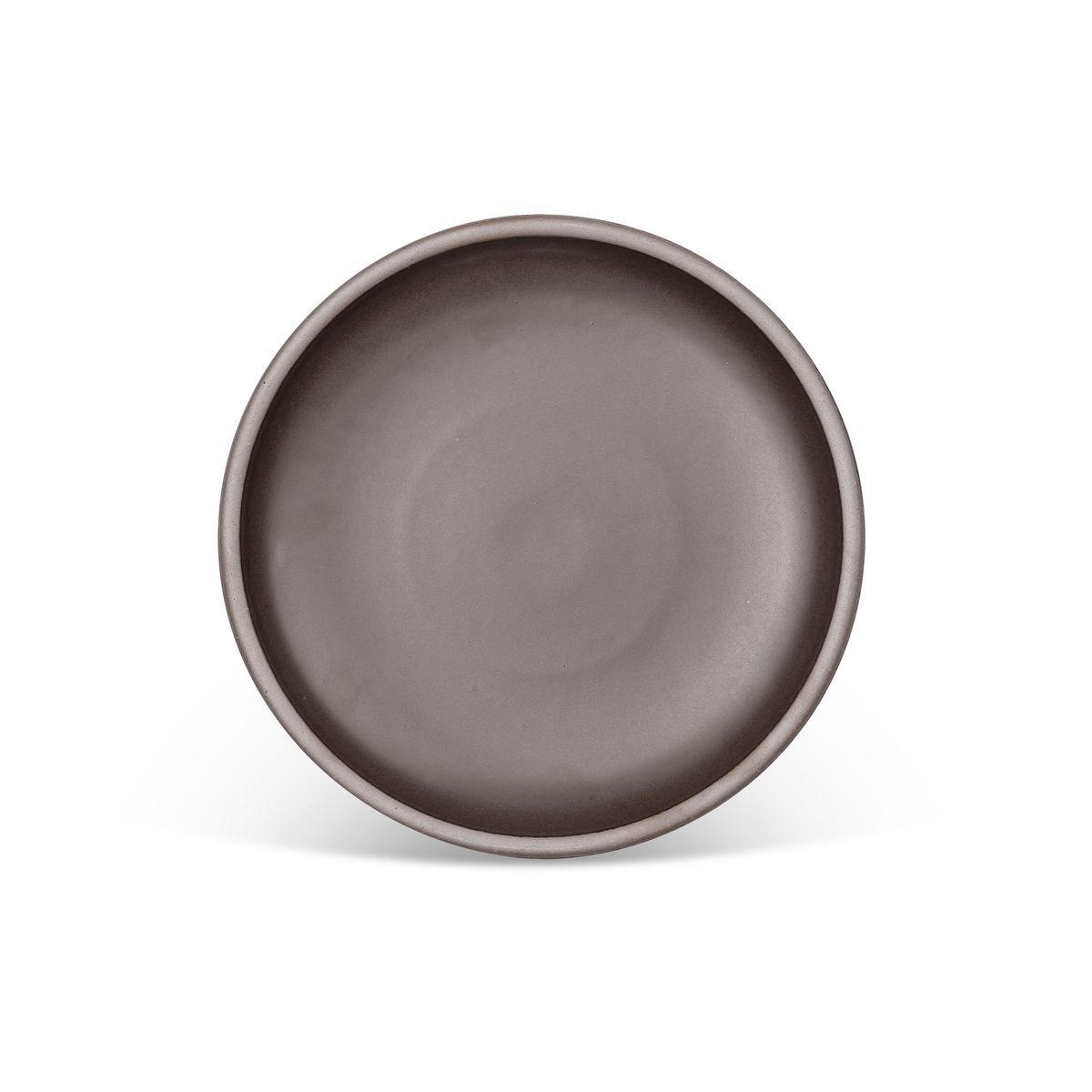 A dinner sized ceramic plate in a dark cool brown color featuring iron speckles and an unglazed rim