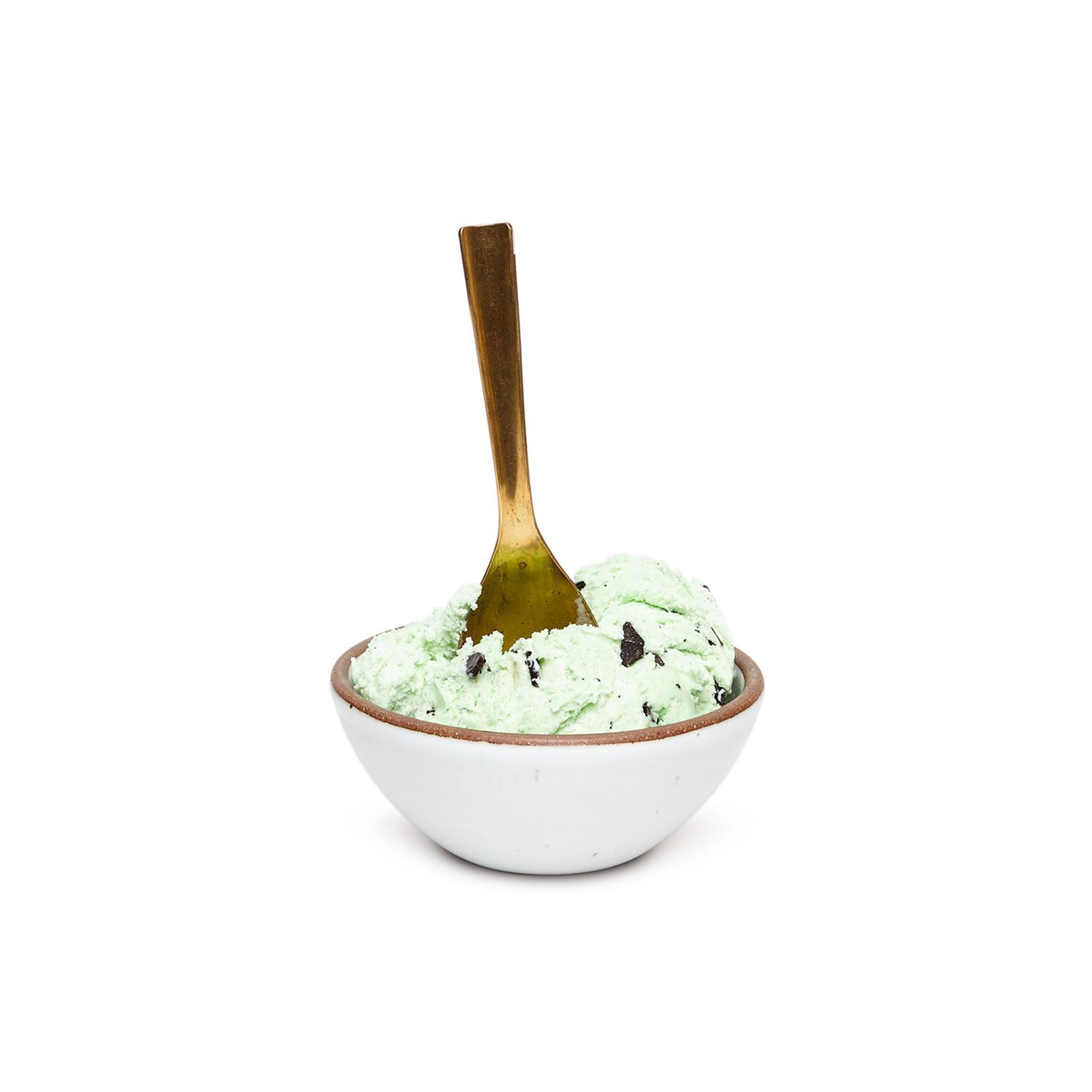 Two perfect scoops of mint chocolate chip ice cream with a brass spoon poking out the top. Yum.