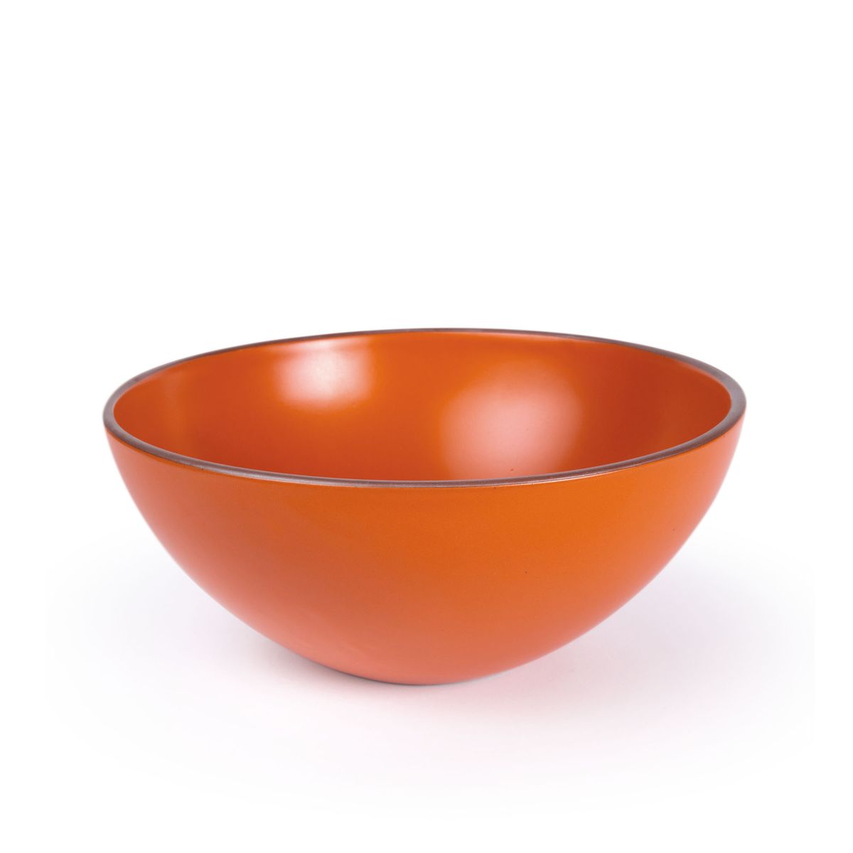 A large ceramic mixing bowl in a bold orange color featuring iron speckles and an unglazed rim