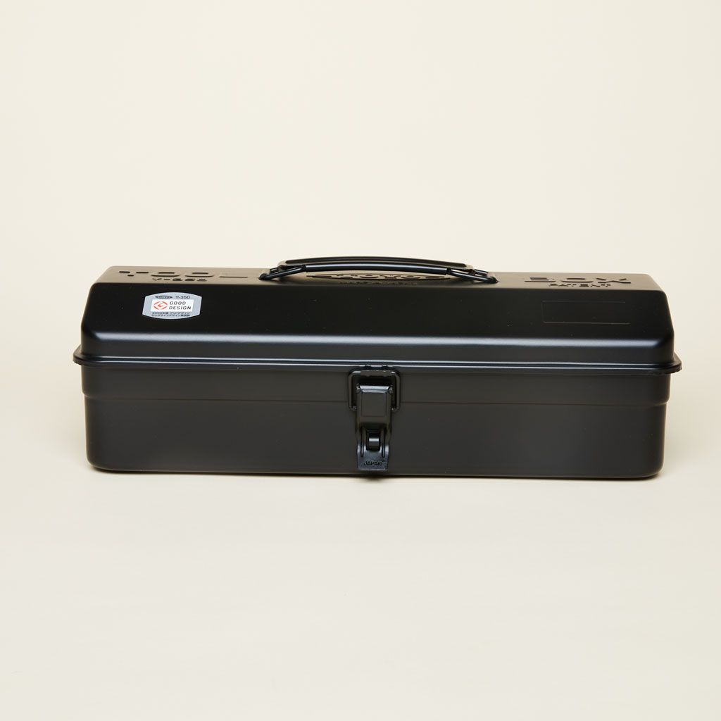 A long black metal box with a lid, handle and closure