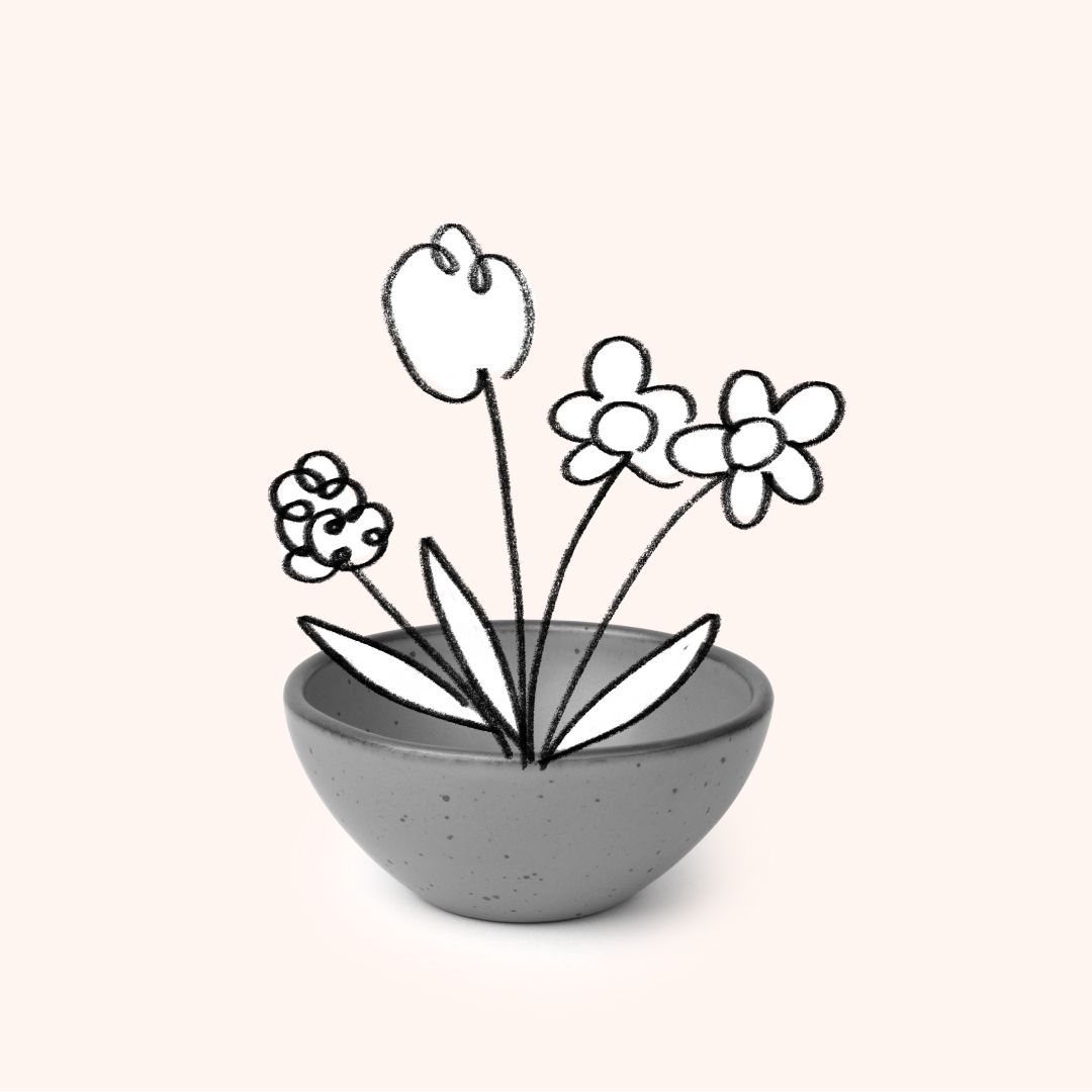 An illustration of flowers sitting inside a grayscale ceramic bowl with an unglazed rim and iron spots.