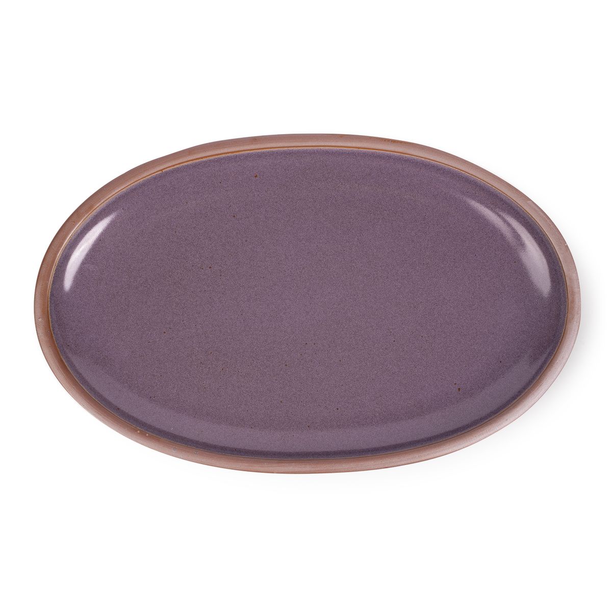 A large oval ceramic platter in a purple color with a soft glowing sheen and unglazed rim