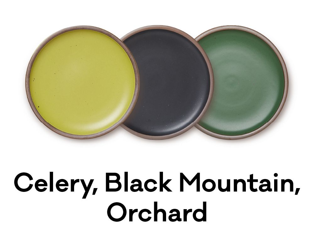 Three plates colored in a chartruse green, black, and forest green are positioned next to each other. Underneath, text reads: "Celery, Black Mountain, Orchard"