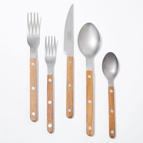 Two forks, a knife, and two spoons all with teak handles