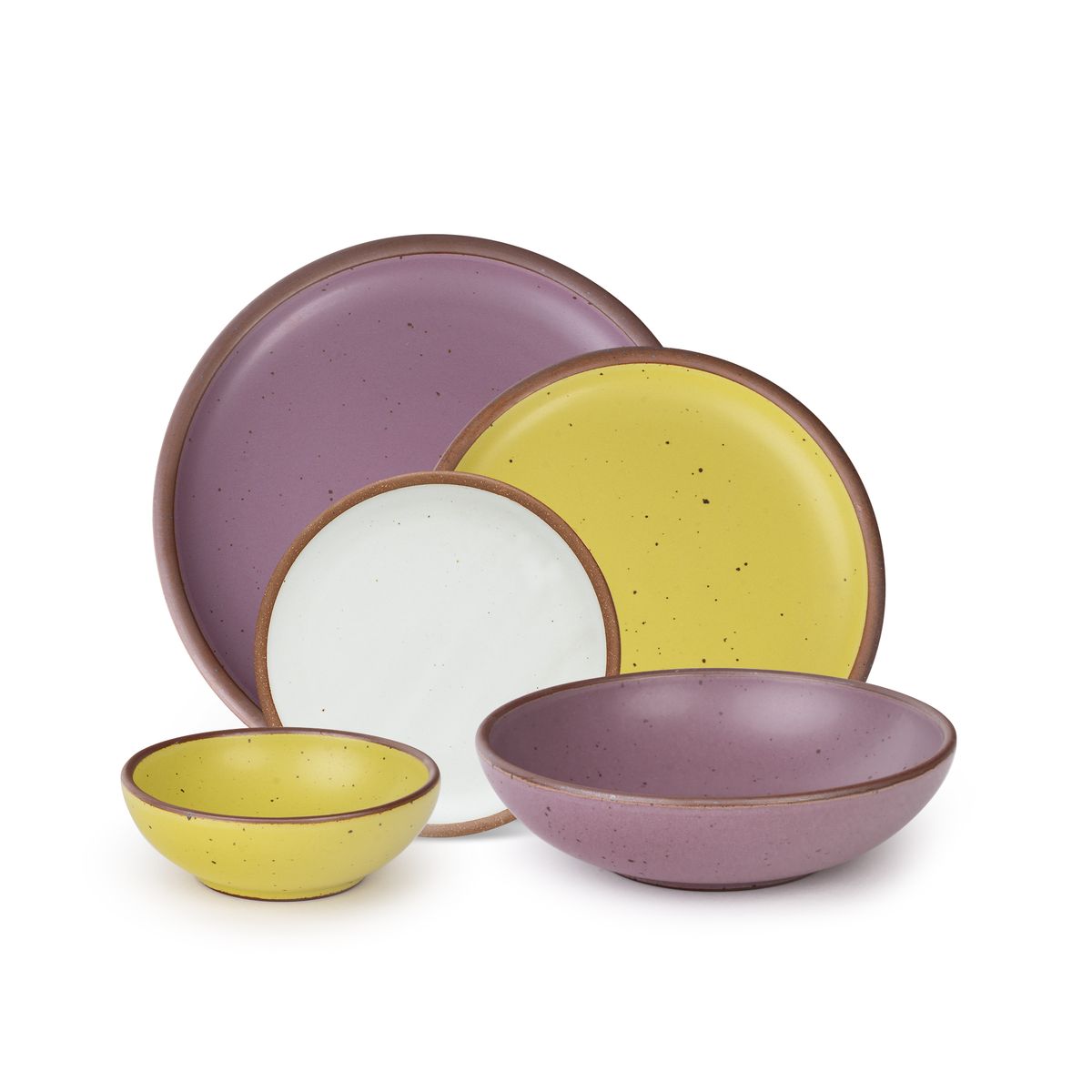 A breakfast bowl and side plate in zesty yellow, an everyday bowl and dinner plate in soft mauve purple, and a cake plate in a cool white color.