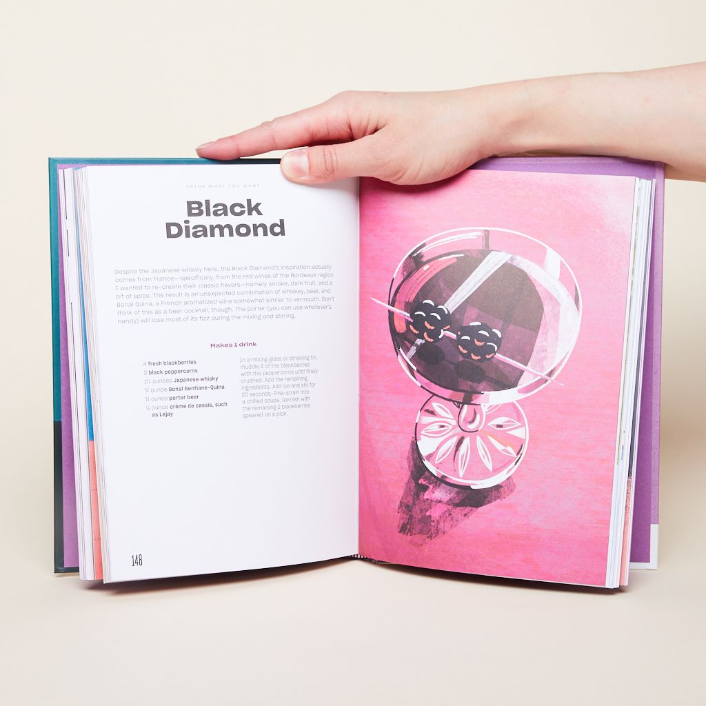 Two-page spread that has Black Diamond as a heading, following by text and a recip, with an illustration of a cocktail on the facing page