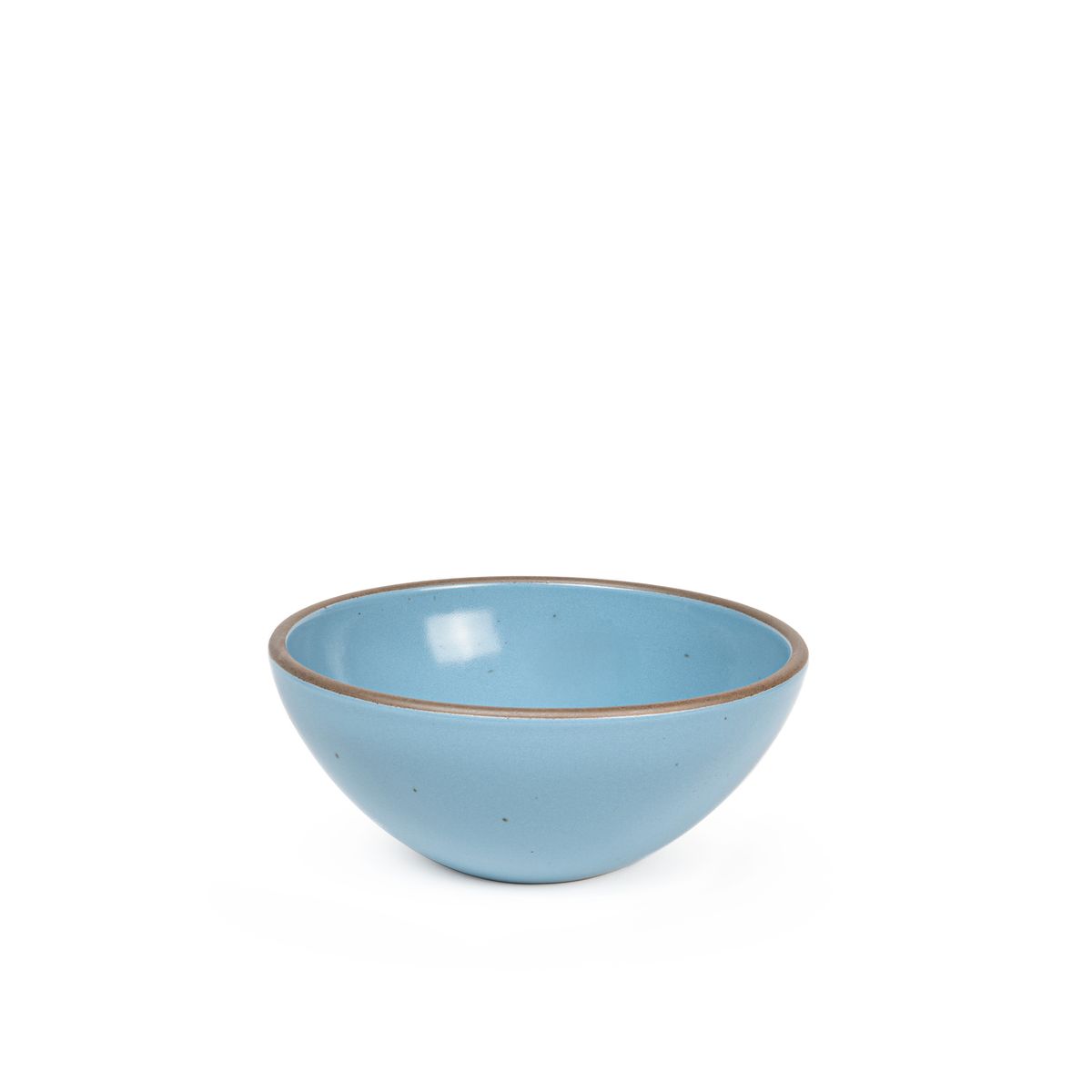 A medium rounded ceramic bowl in a robin's egg blue color featuring iron speckles and an unglazed rim