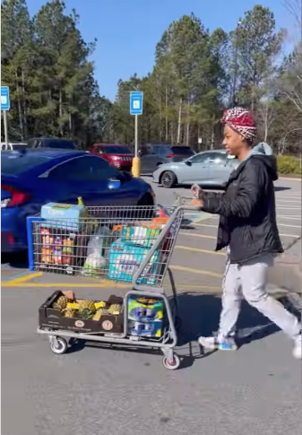 A woman pushing a grocery store basket filled with produce and other home essentials.