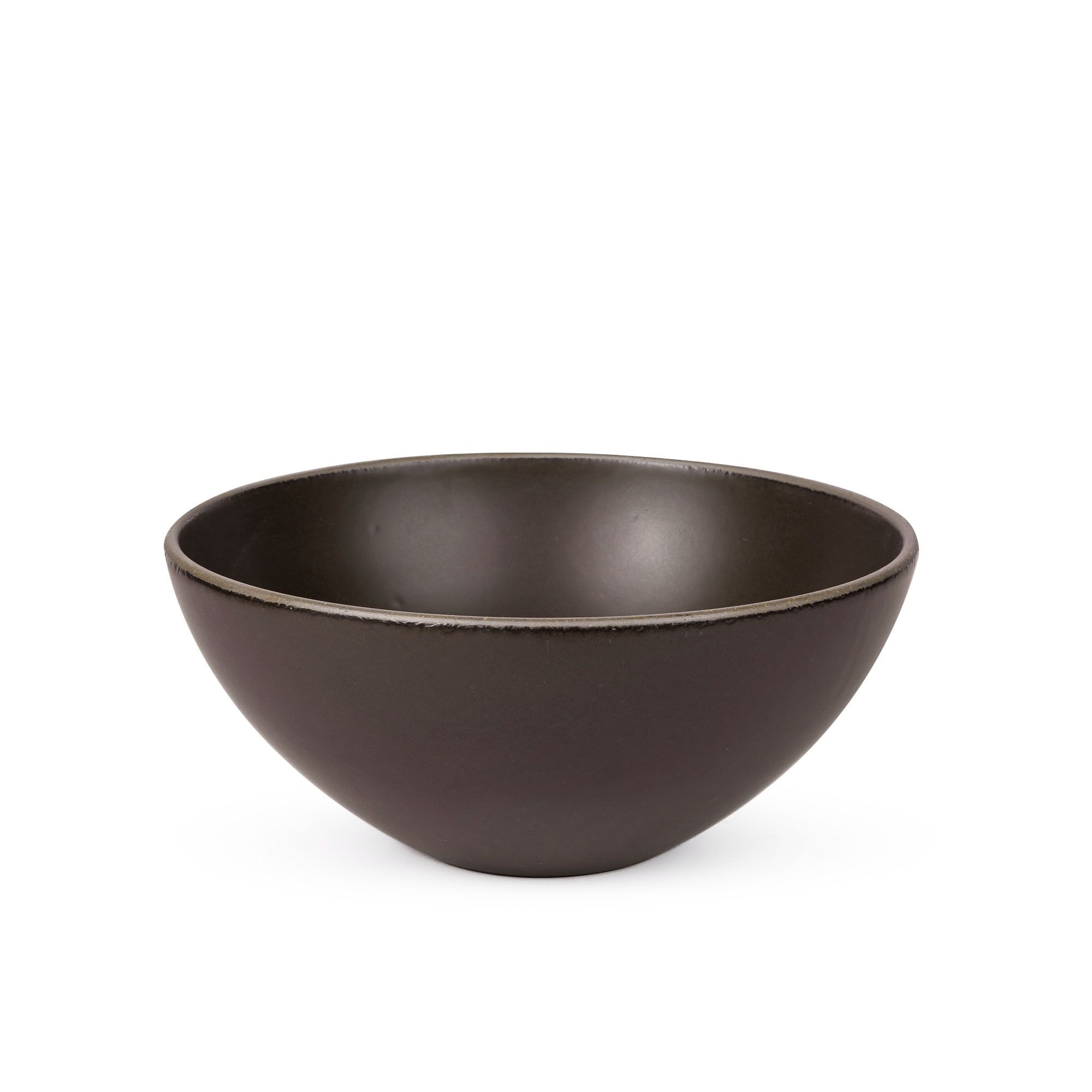 A large ceramic mixing bowl in a dark cool brown color featuring iron speckles and an unglazed rim