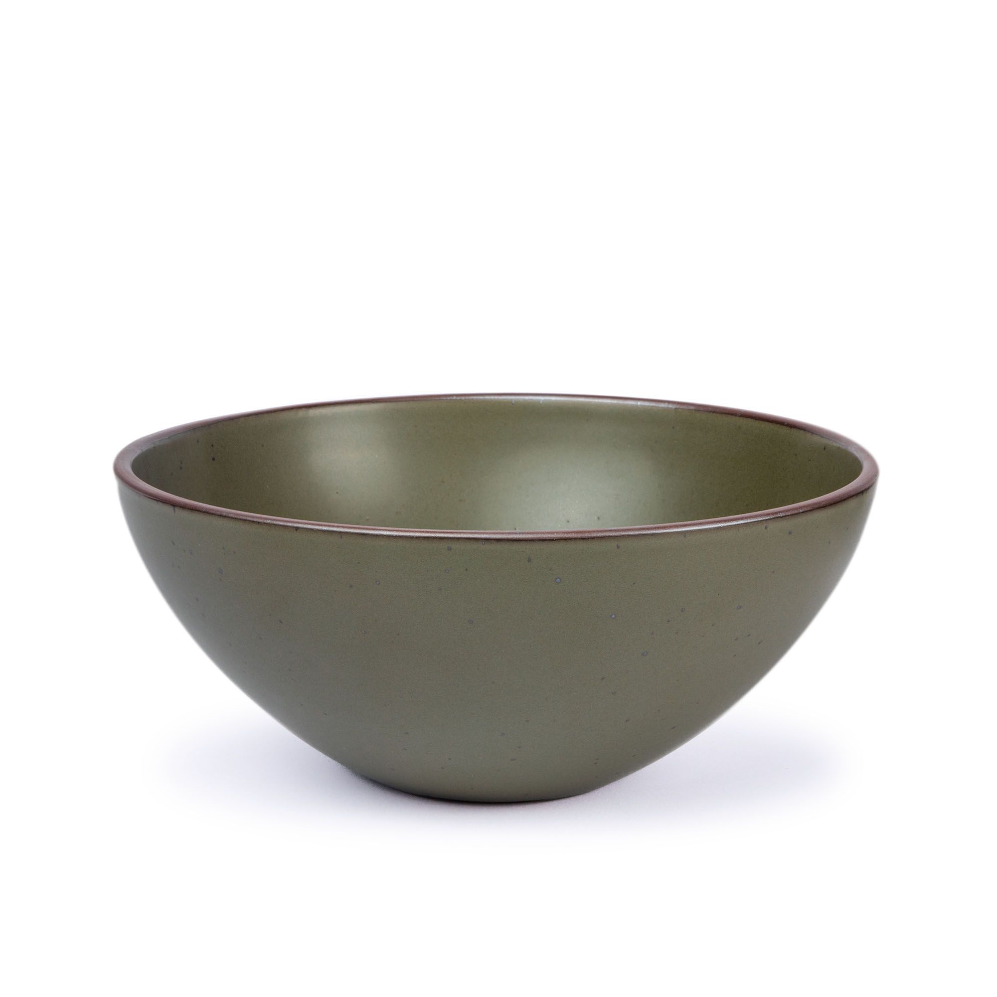 A large ceramic mixing bowl in an earthy green color featuring iron speckles and an unglazed rim