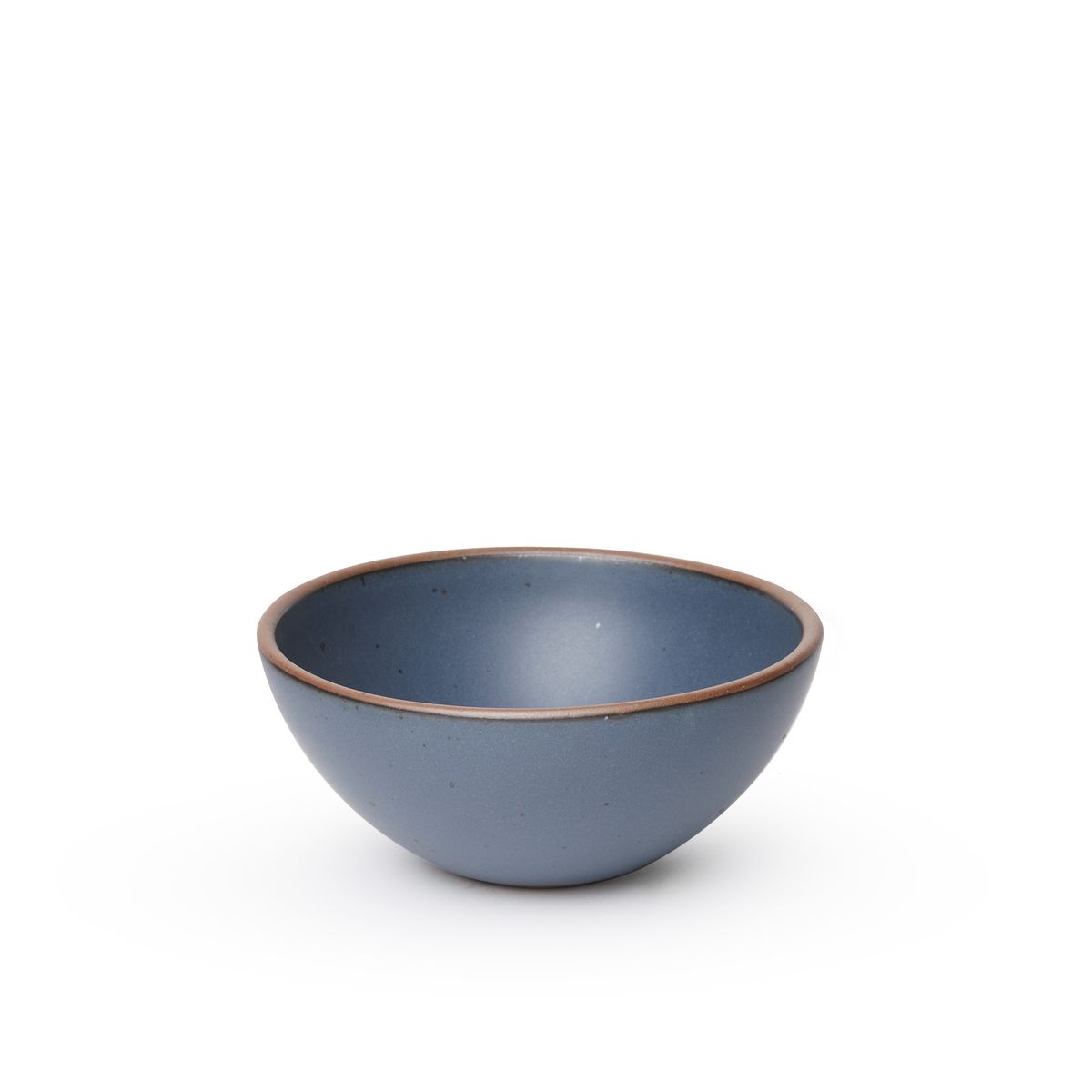 A stack of 4 small dessert sized rounded ceramic bowls in a cool, medium blue color featuring iron speckles and an unglazed rim