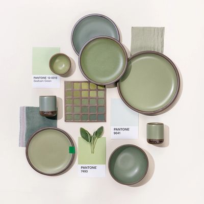 An overhead view of a flat lay featuring 2 ceramic plates in varying calming sage colors, surrounded by pantone color cards, illustrations, and a ceramic color tile also all in sage green tones.