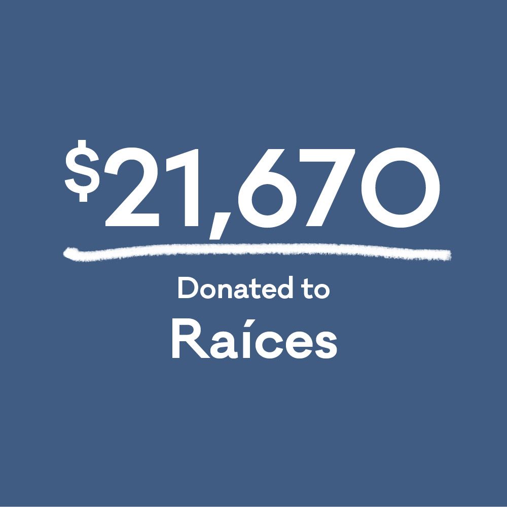 A simple graphic with text that reads, "$21,670 Donated to Raíces"