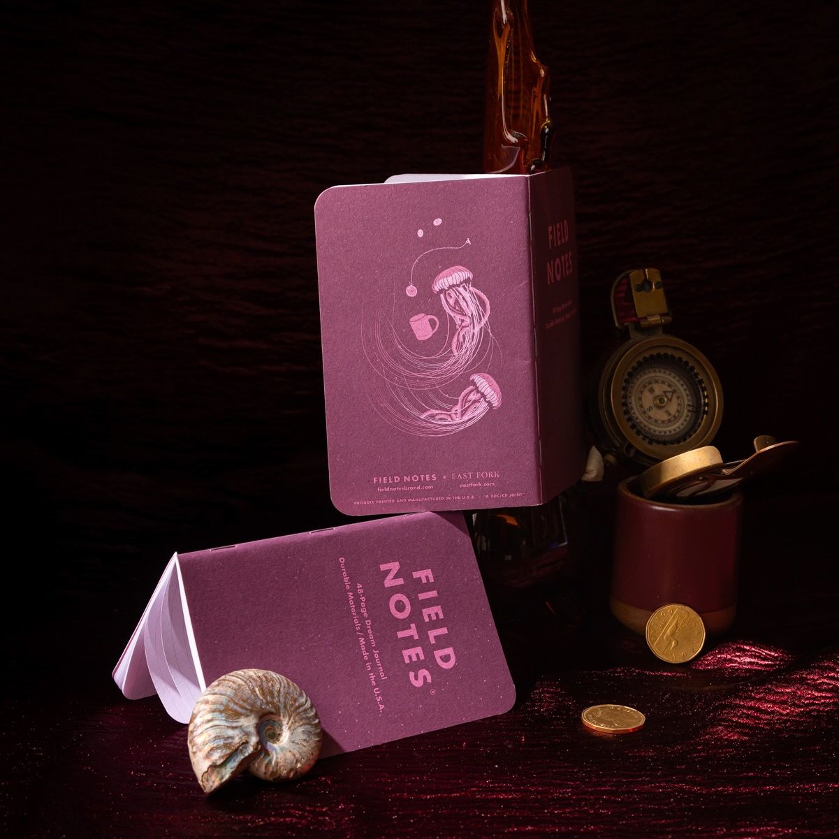 An artful photo featuring the Field Notes dream journal in a plum color with jellyfish and ocean motifs illustrated on the back cover, and like props surrounding the journals.