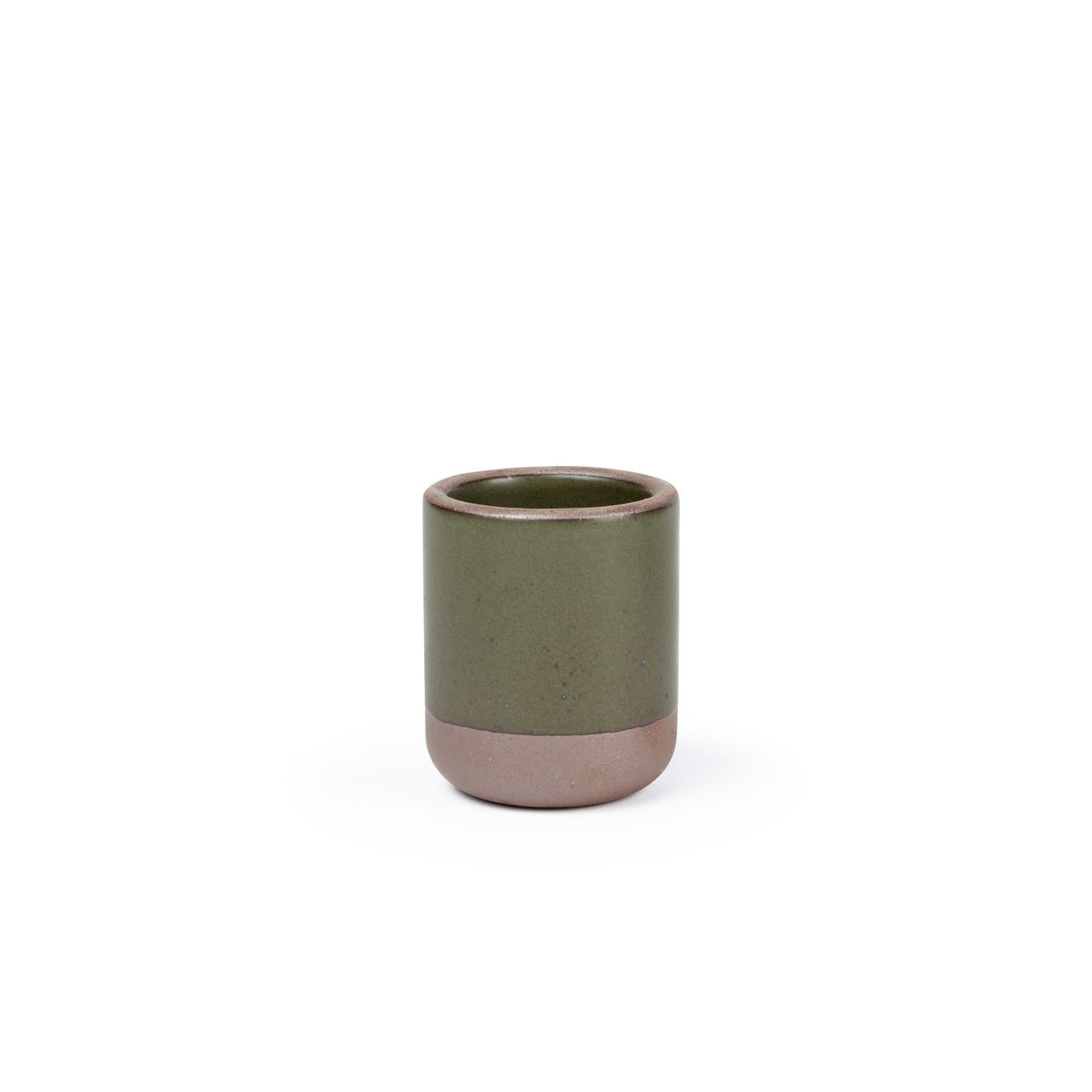 A small, short ceramic mug cup in an earthy green color featuring iron speckles and unglazed rim