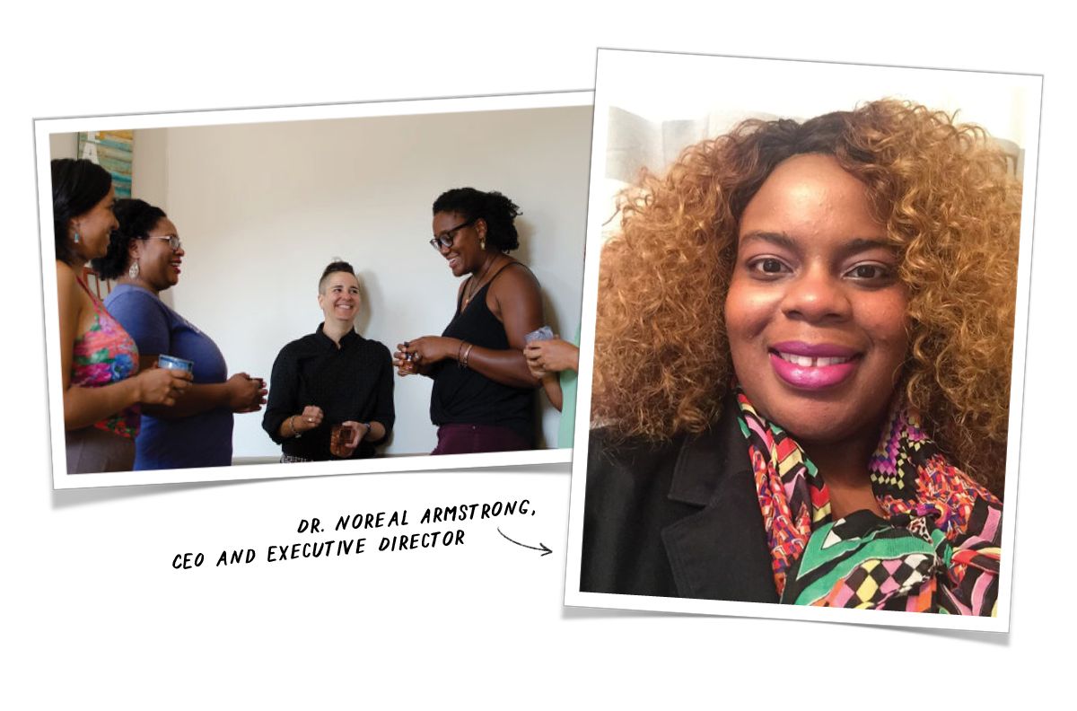 A graphic featuring overlayed photos of 4 people talking, and another of a person wearing a colorful scarf and smiling. A caption reads "Dr. Noreal Armstrong, CEO and Executive Director"