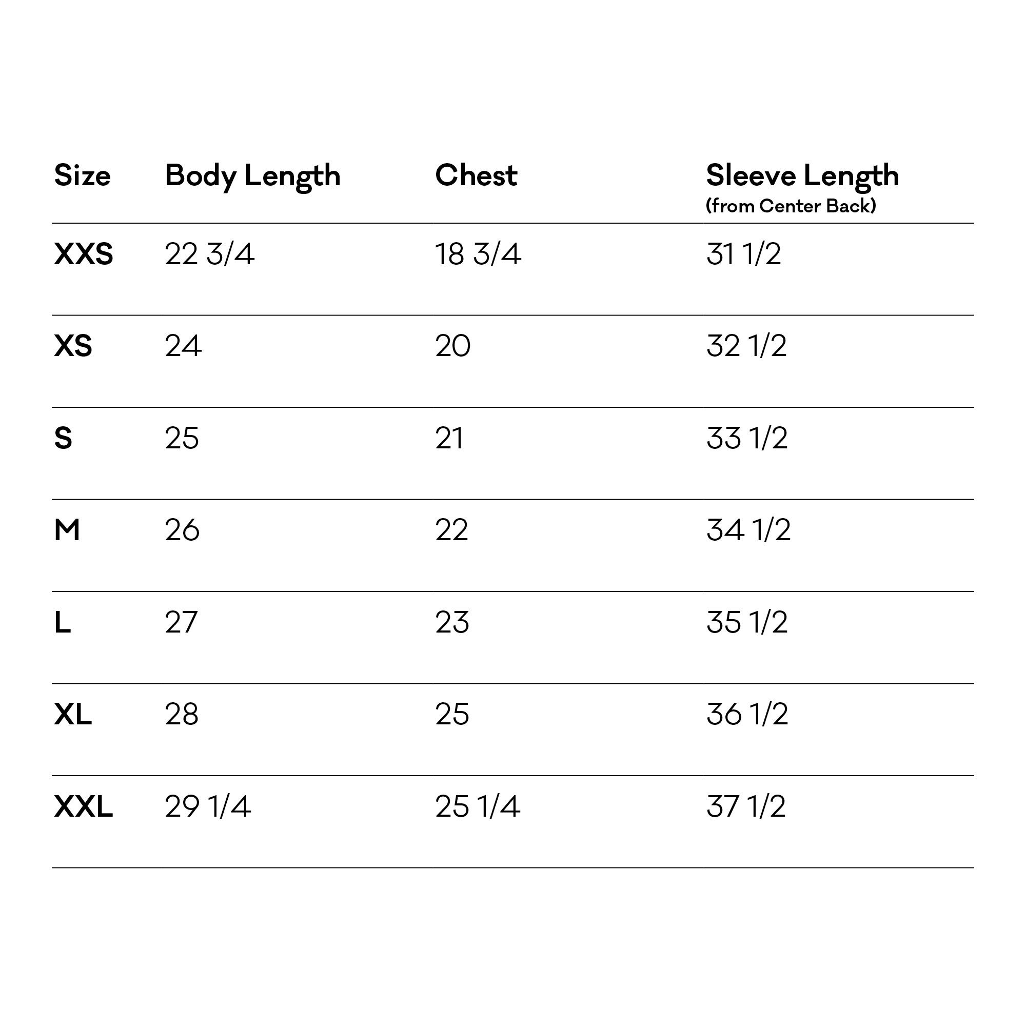 A size chart for the workshop sweater