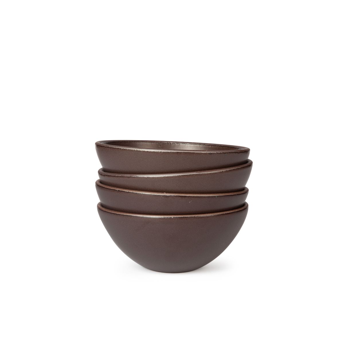 A stack of 4 medium rounded ceramic bowls in a dark cool brown color featuring iron speckles and an unglazed rim