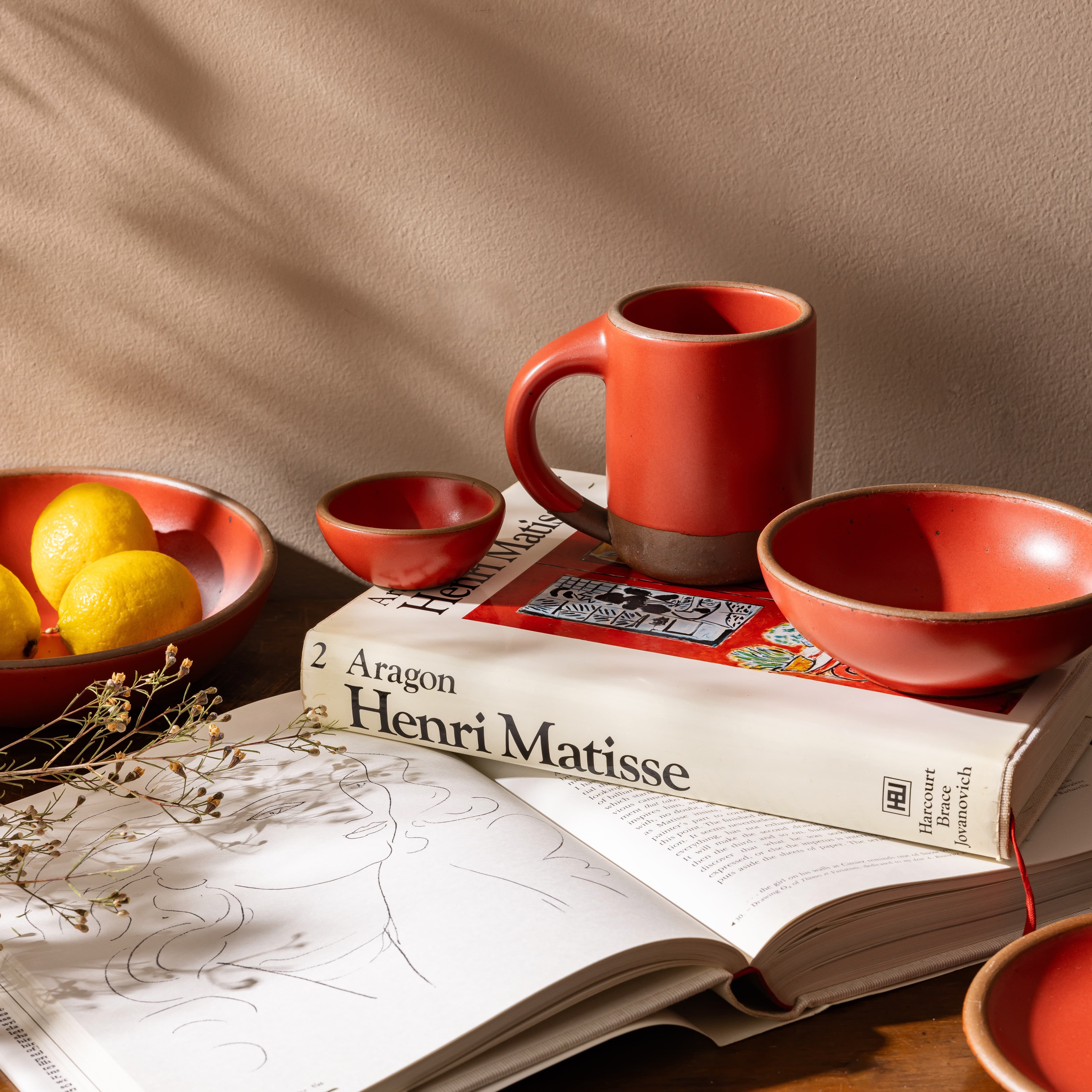 A table setting featuring open books of Henri's Matisse's work, ceramic mug, bowls, and plates in a bold red color. Shadows are cast from a nearby window and lemons are inside the bowl on the left.
