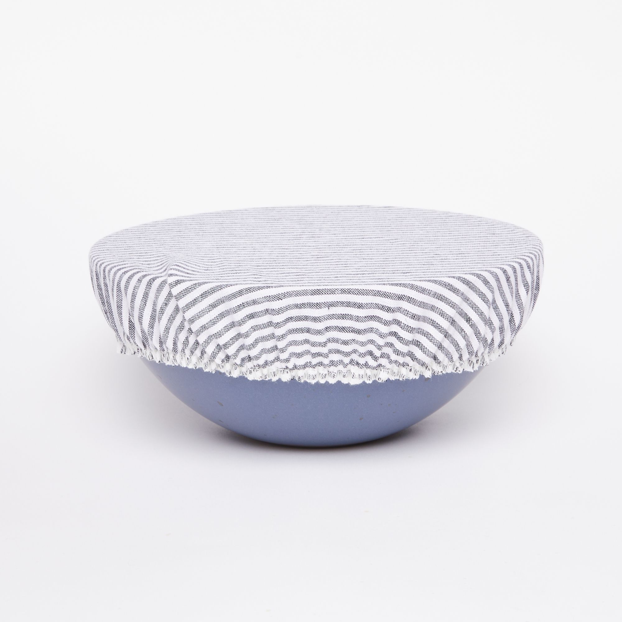 Popcorn bowl with white linen bowl cover with thin blue stripes