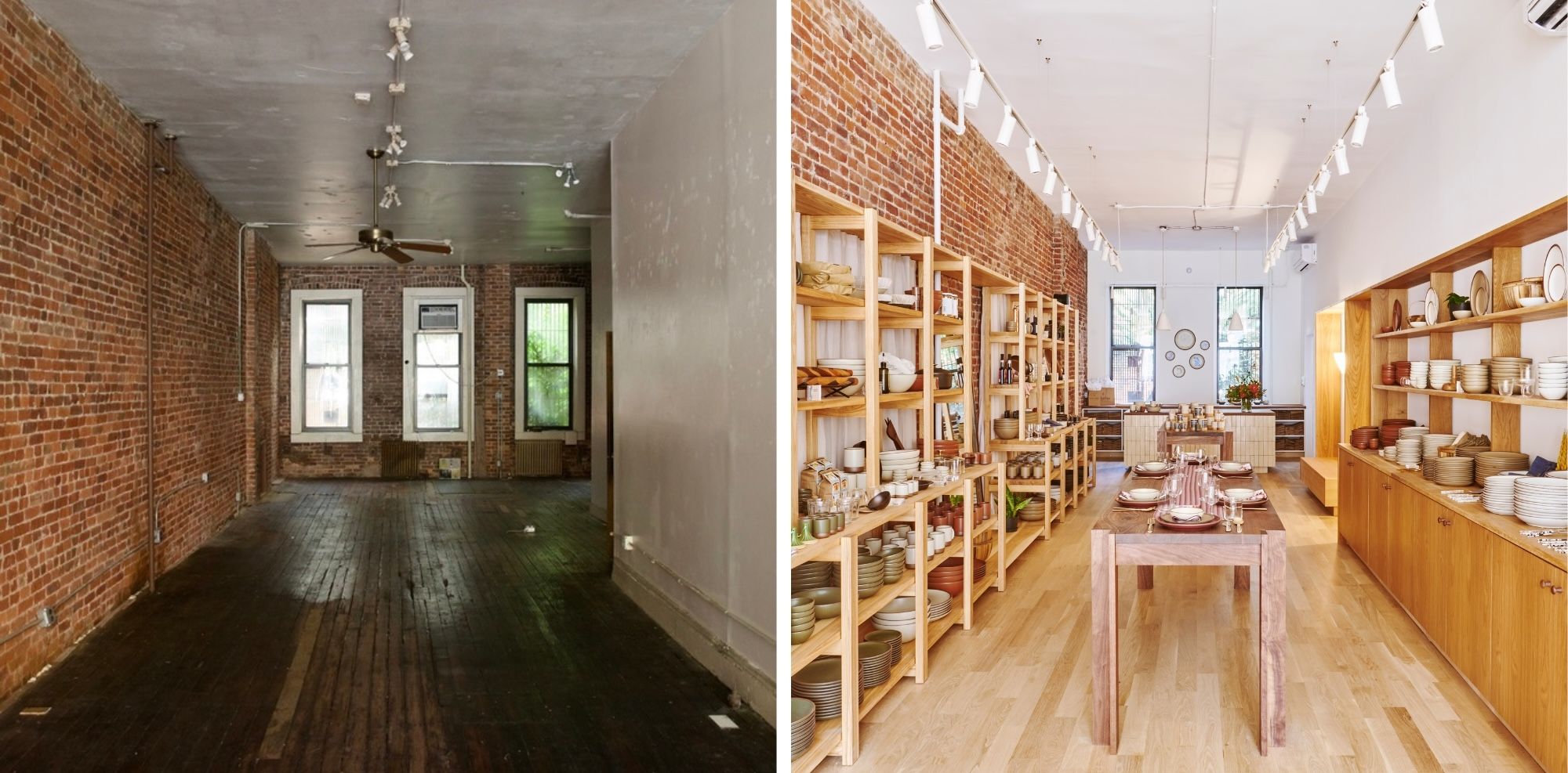 Side by side photos of the interior of East Fork Brooklyn, the left is dark and empty, the right is bright and warm, filled with shelves of pottery and one long table going down the middle.