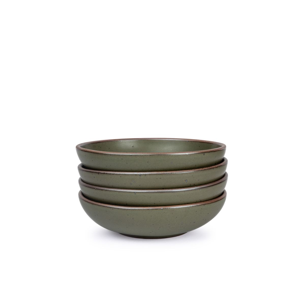 A stack of 4 dinner-sized shallow ceramic bowls in a pine green color featuring iron speckles and an unglazed rim