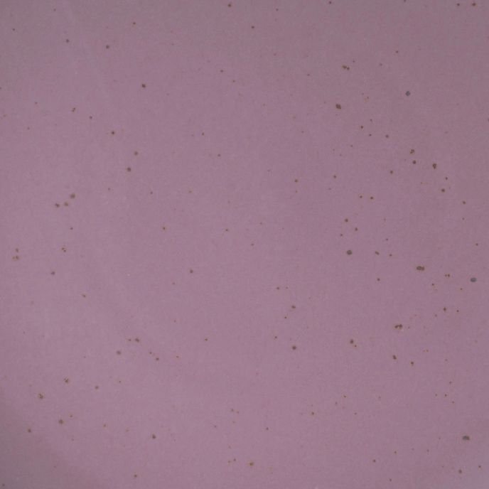 A closeup of a ceramic plate in a soft, mauve purple color featuring iron speckles