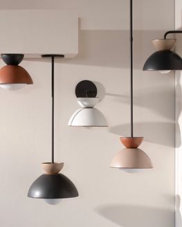Five light fixtures made from East Fork bowls hung in several manners