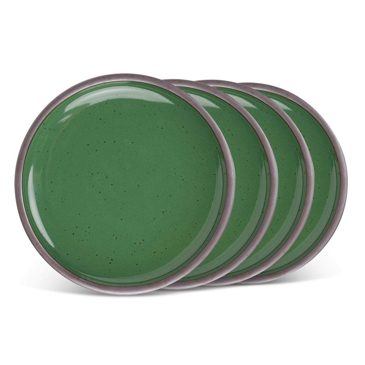 A stack of 4 dinner sized ceramic plates in a glossy emerald green color featuring iron speckles and an unglazed rim