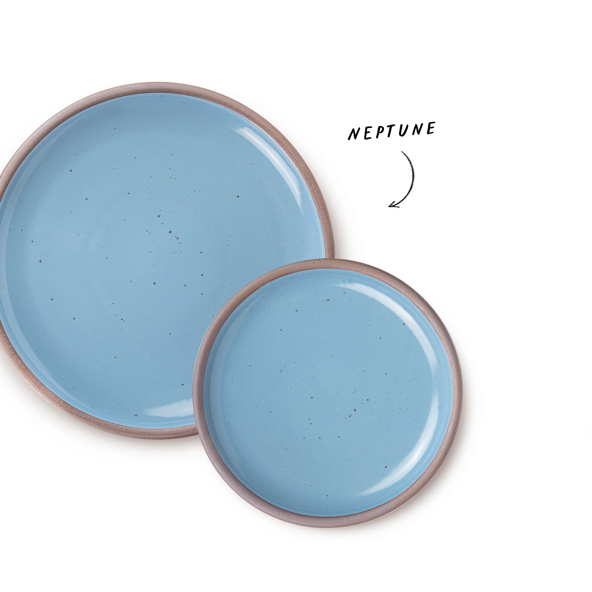 1 large and 1 small ceramic plate in a robin's egg blue with an arrow pointing to both that reads 'Neptune'