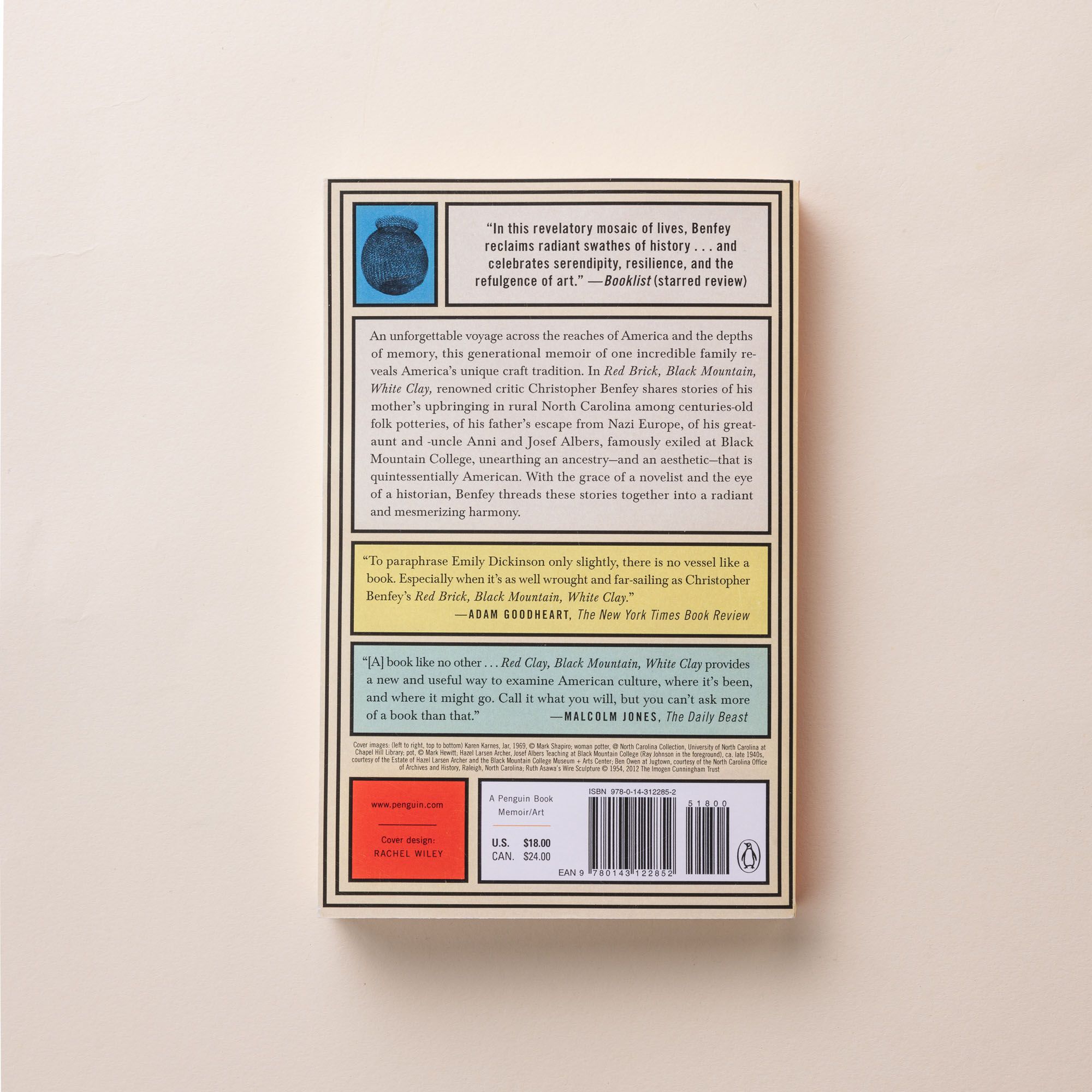 A colorful and graphic back cover of a book titled "Red Brick Black Mountain White Clay"