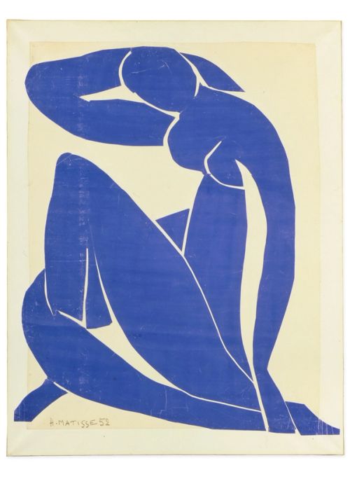 Original artwork, Nu bleu, II, by Henri Matisse, a bright blue, abstract, silhouetted female figure in a curled, seated position, with sharp cut-out edges, set against an off-white background.