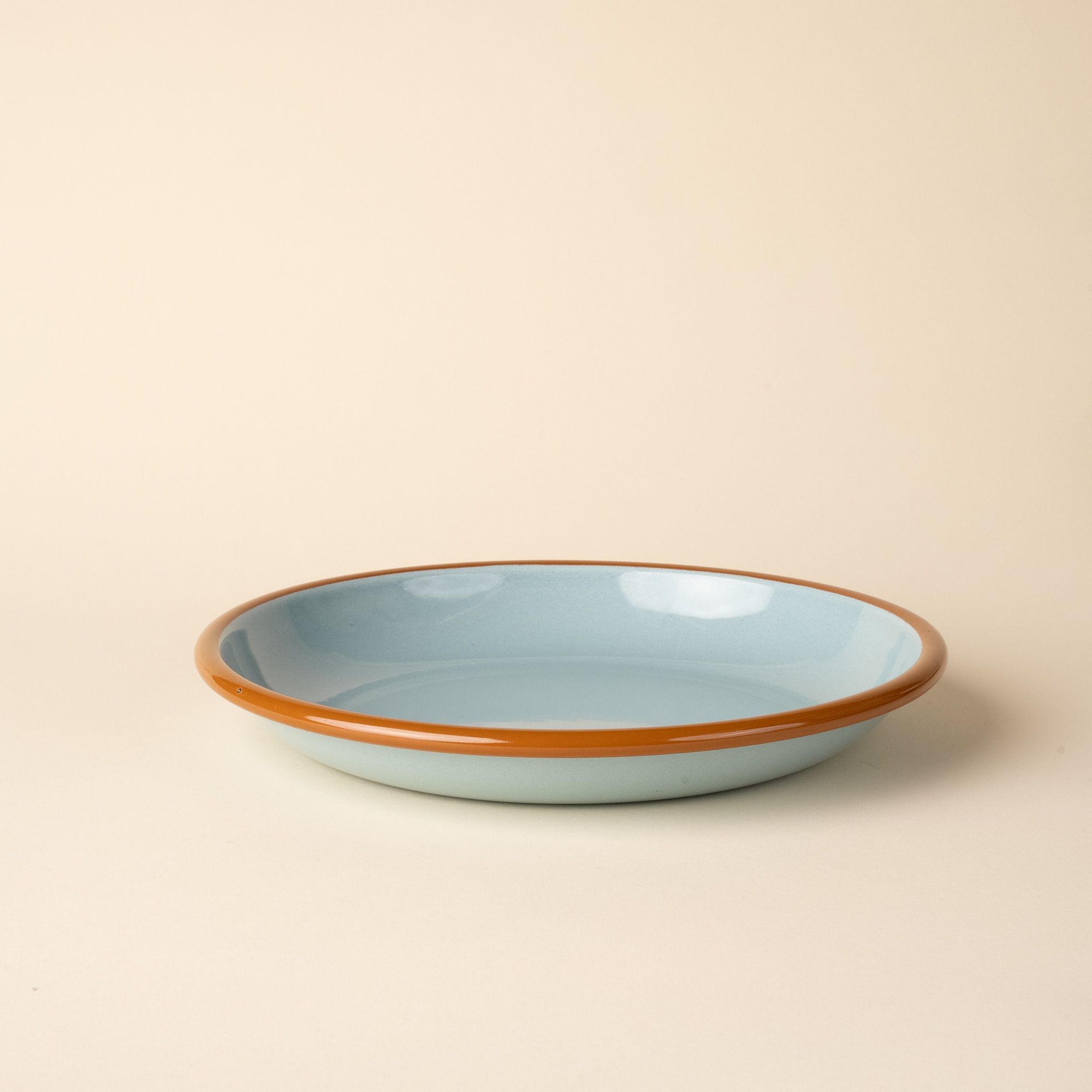 A simple enamel dinner plate in robin's egg blue with a warm brown rim.