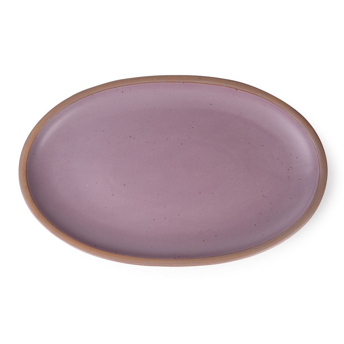 A large oval ceramic platter in a soft mauve purple color featuring iron speckles and an unglazed rim