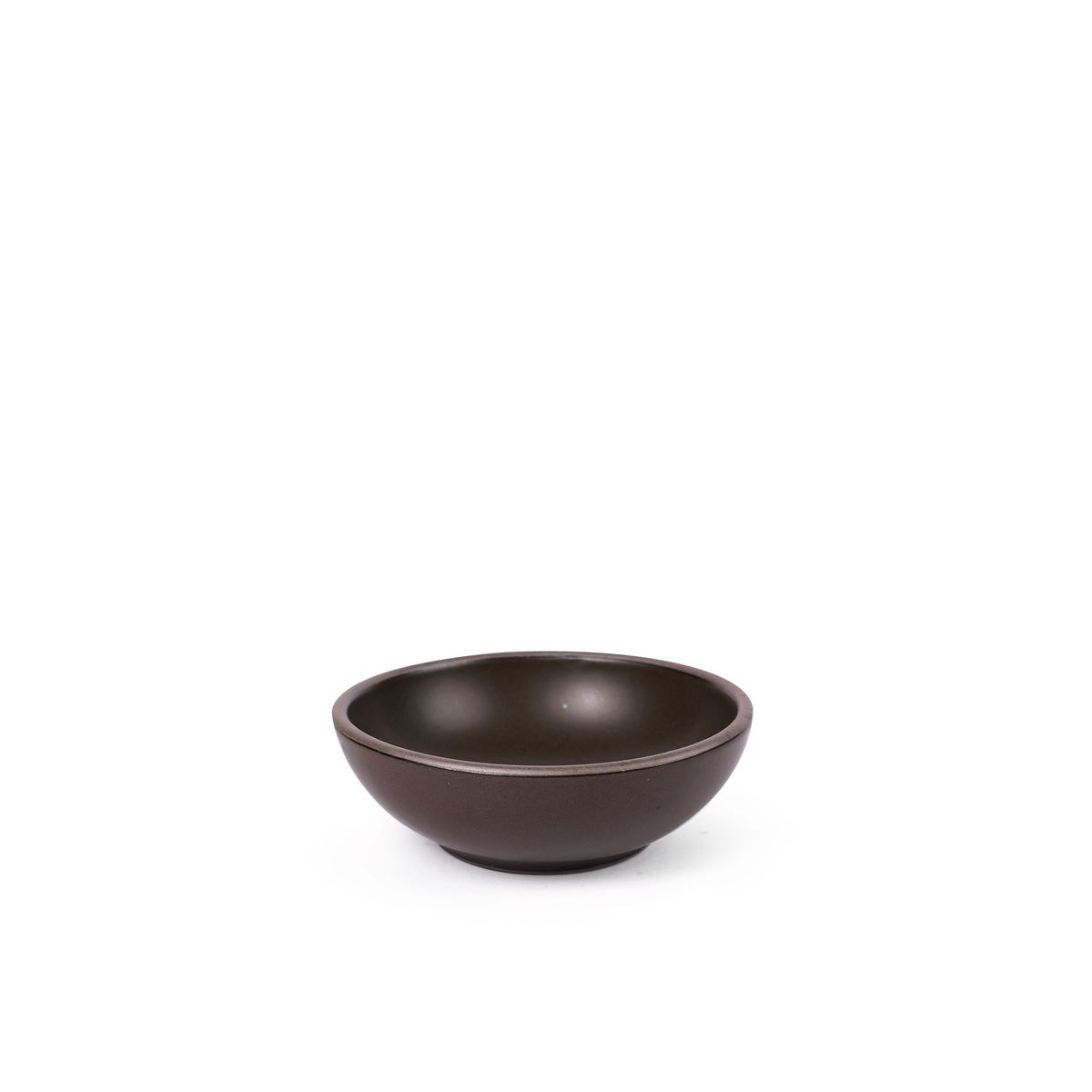 A small shallow ceramic bowl in a dark cool brown color featuring iron speckles and an unglazed rim