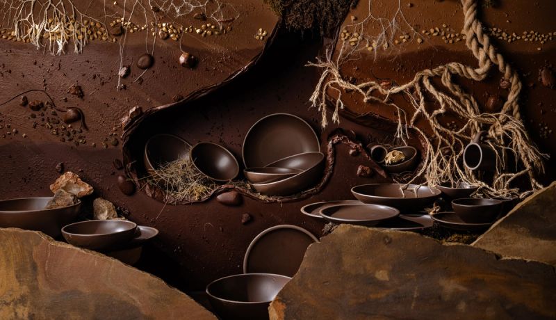 Earthy ground environment with tree roots, rocks, and dirt with various plates and bowls in a dark brown.
