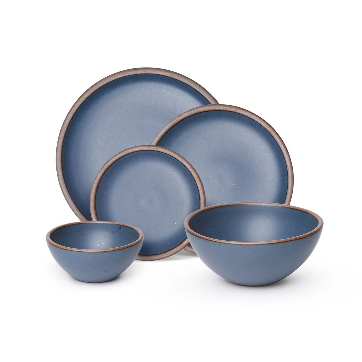 An ice cream bowl, soup bowl, cake plate, side plate and dinner plate paired together in a toned-down navy featuring iron speckles