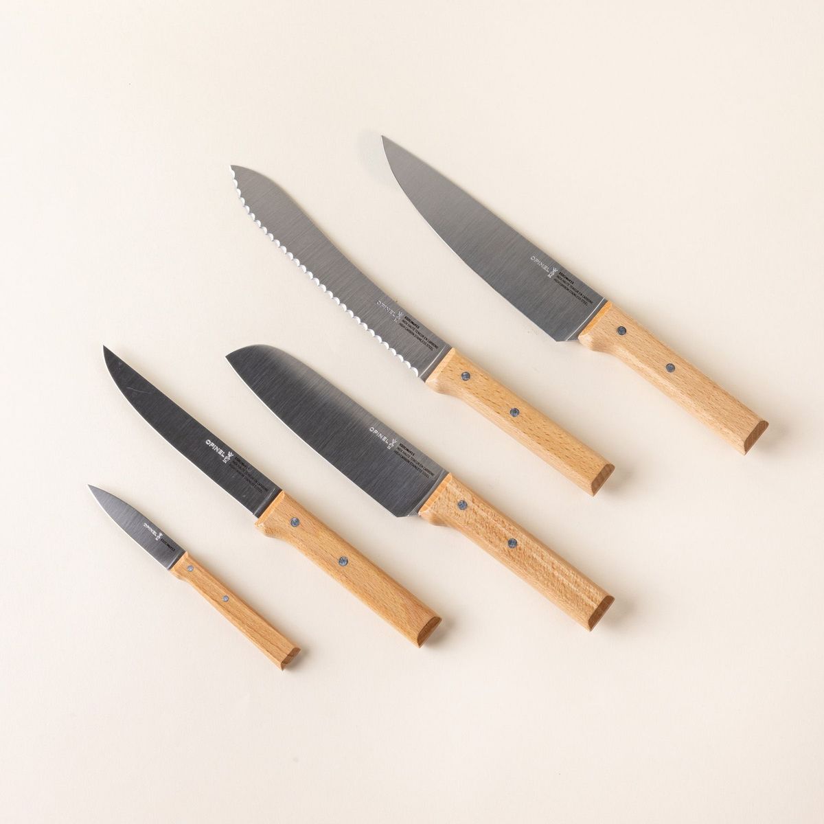 Five kitchen knives lined up in a row, all different sizes and features with steel blades and a wooden handles