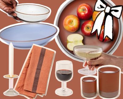 A collage of different items like wine glasses, ceramic shallow bowls, candles and more against a terracotta background with a bow illustration in the corner.