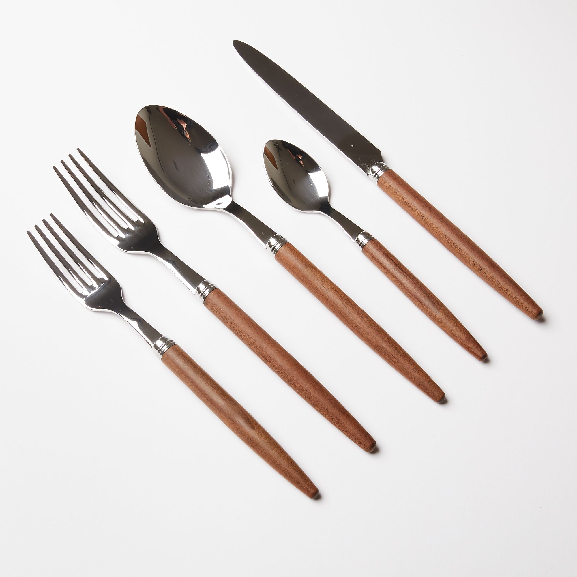 A flatware set of a salad fork, dinner fork, spoon, teaspoon, and knife - all with steel top and simple wood handles