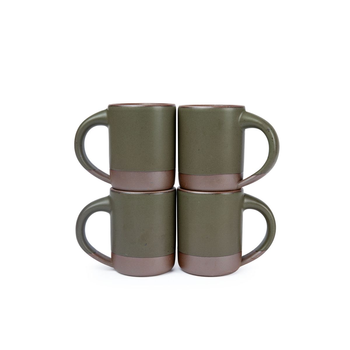 Four medium sized ceramic mugs with handles in a pine green color featuring iron speckles and unglazed rim