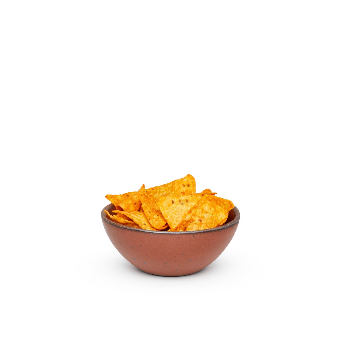 A small dessert sized rounded ceramic bowl in a cool burnt terracotta color featuring iron speckles and an unglazed rim, filled with nacho cheese flavored chips